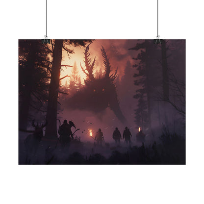 Serene Forest Sunset: Group Walking Through Misty Landscape - Poster