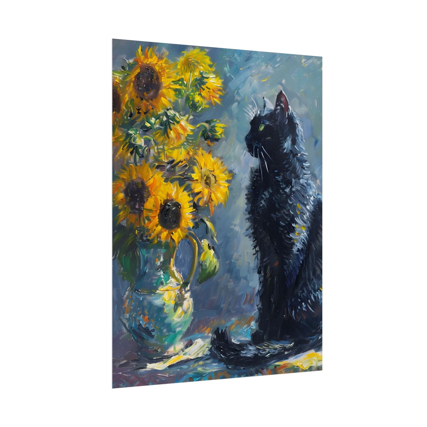 Whimsical Black Cat by Sunflowers: Serene Garden Art - Poster