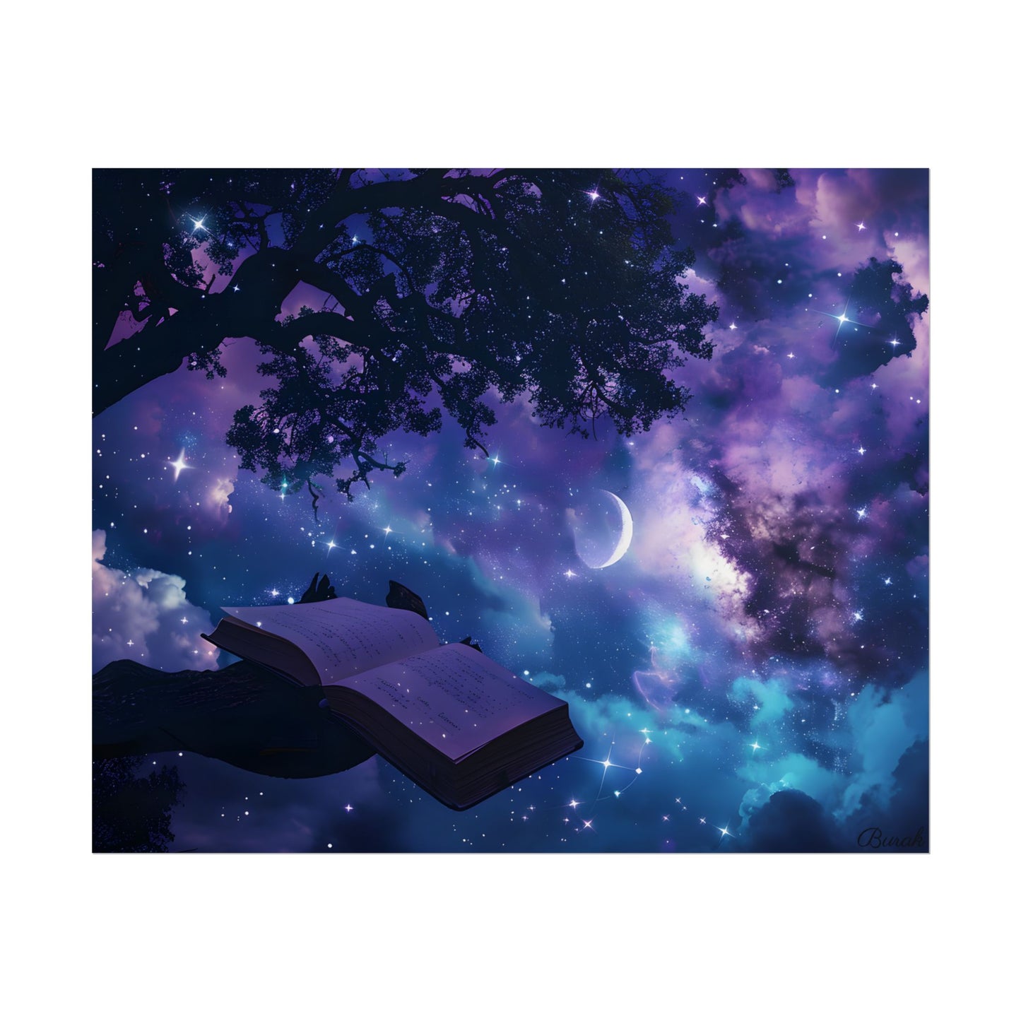 Mystical Night Sky: Celestial Dreams with Crescent Moon Art - Poster