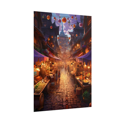 Magical Street Food Market: Vibrant Enchanted Scene Art - Poster