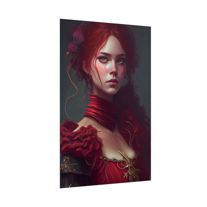 Vibrant Redhead Portrait: Female Artwork in Red Dress - Poster