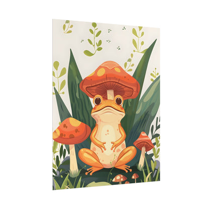 Retro Whimsy: Frog & Mushrooms in Close-Up Charm - Poster