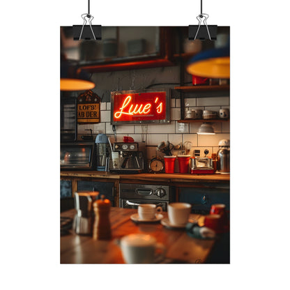 Cozy Retro Kitchen Artwork: Lukes Diner Sign Digital Art - Poster