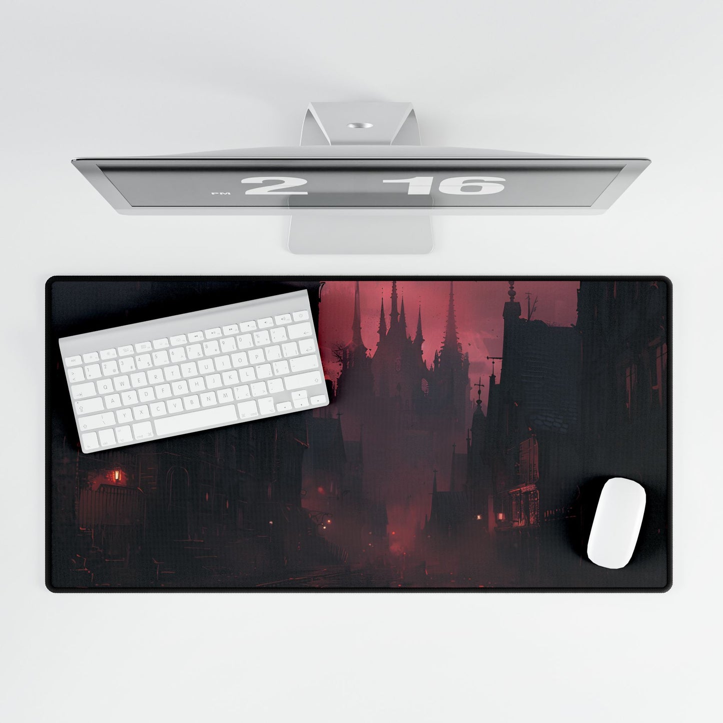 Dark Gothic Cityscape: A Serene Misty Dusk Scene - Desk Mat