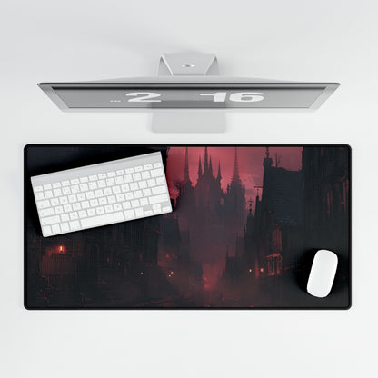 Dark Gothic Cityscape: A Serene Misty Dusk Scene - Desk Mat