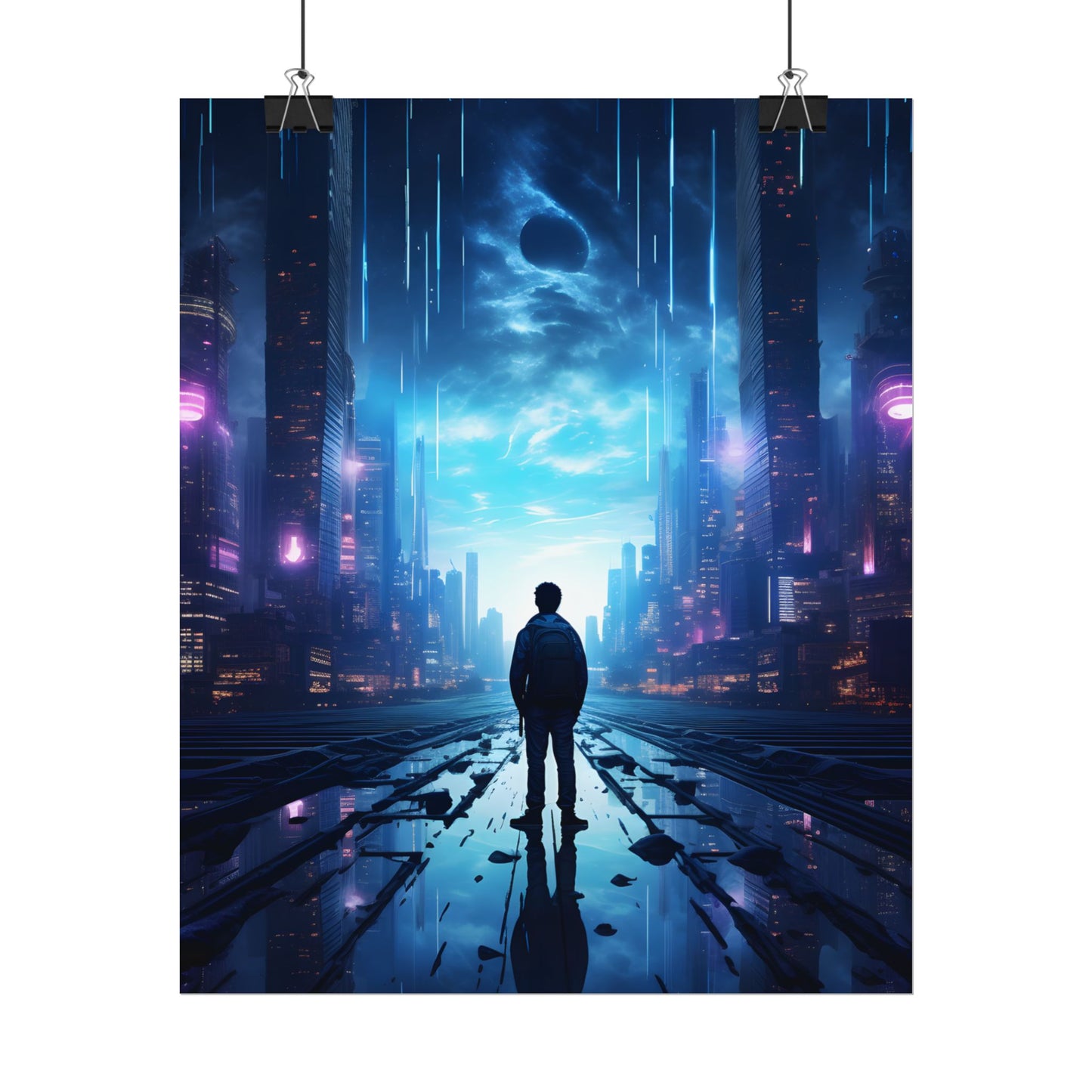 Cyberpunk Cityscape at Night: Melancholic Landscape Digital Art - Poster
