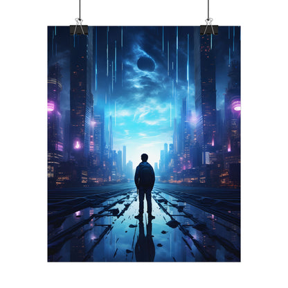 Cyberpunk Cityscape at Night: Melancholic Landscape Digital Art - Poster