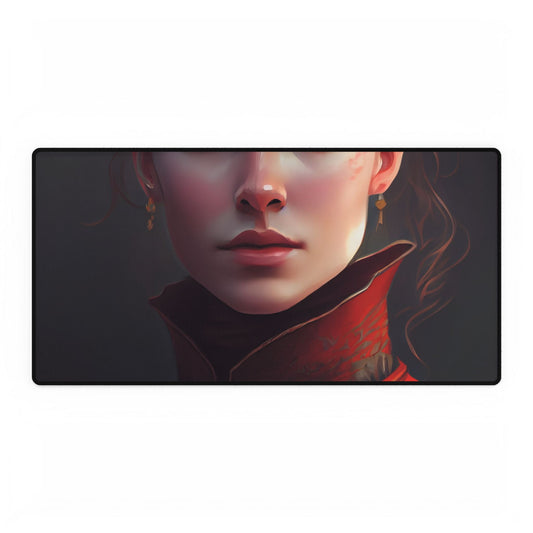 Vibrant Redhead Portrait in Red Dress: Artwork - Desk Mat