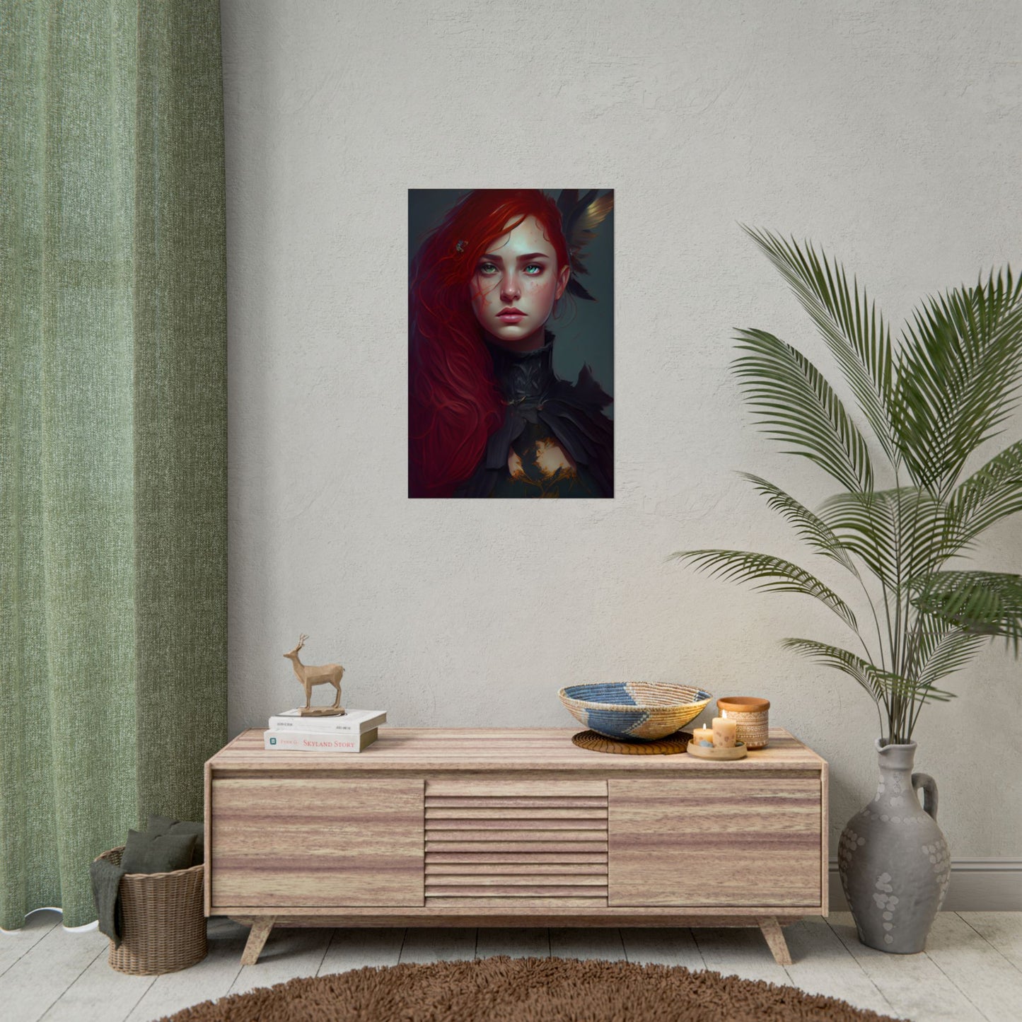 Vibrant Female Portrait: Red Hair Beauty in Neutral Dress - Poster