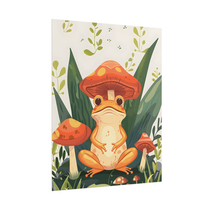 Retro Whimsy: Frog & Mushrooms in Close-Up Charm - Poster