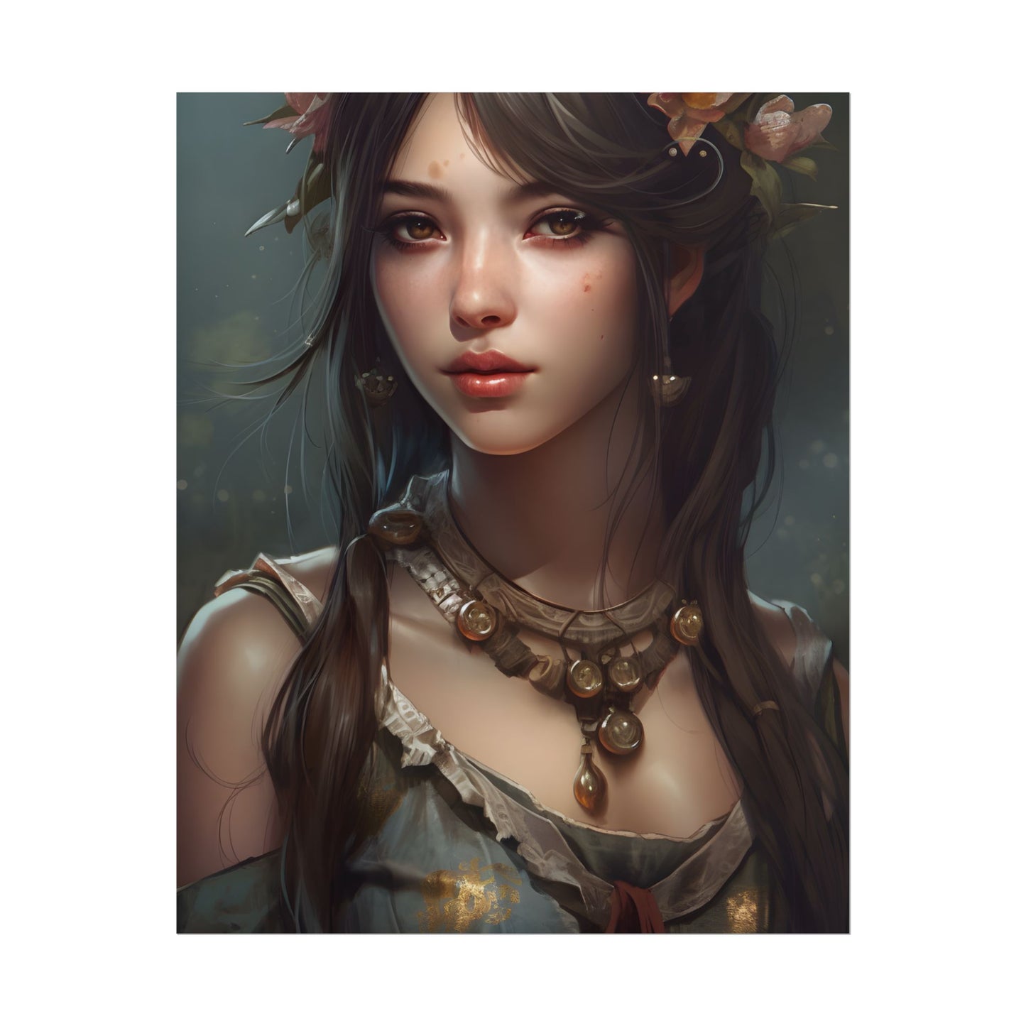 Realistic Female Portrait: Black Haired Beauty - Poster