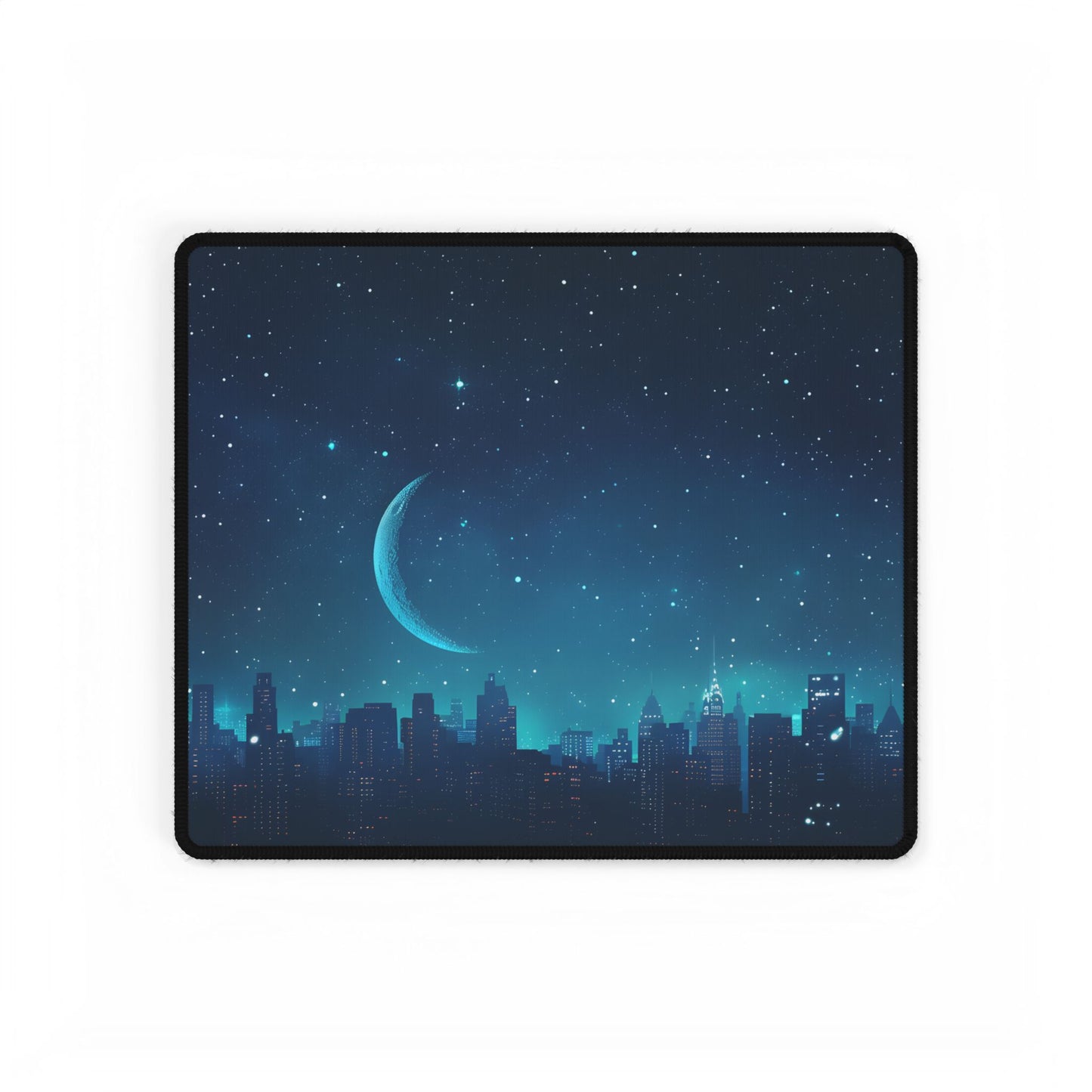 Starry Night Sky: Tranquil Dark Blue Scene with Crescent Moon - Desk Mat