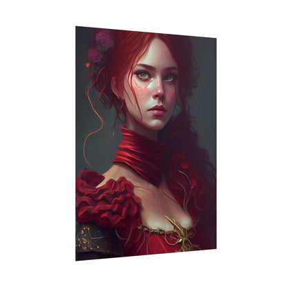 Vibrant Redhead Portrait: Female Artwork in Red Dress - Poster