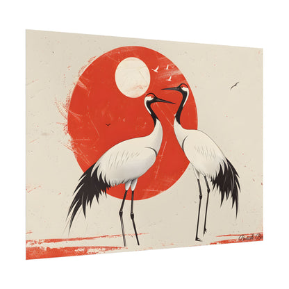 Serene Wildlife Sanctuary: Cranes in Red Nature Scene Art - Poster