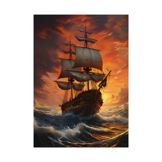 Oil Painting of Magnificent Ship in Tempest: Dramatic Sea Scene - Poster