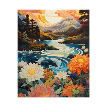 Peaceful River Landscape: Flowers Blooming - Poster