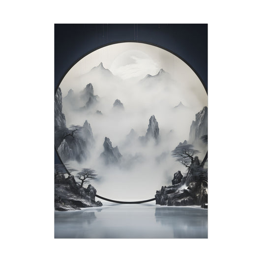 Tranquil Chinese Lake Landscape: Traditional Ink Wash Painting - Poster
