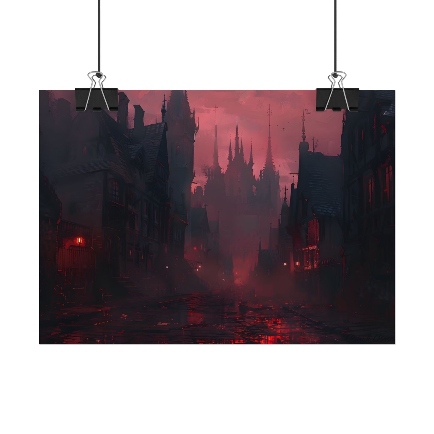 Dark Gothic Cityscape: A Serene Misty Dusk Scene - Poster