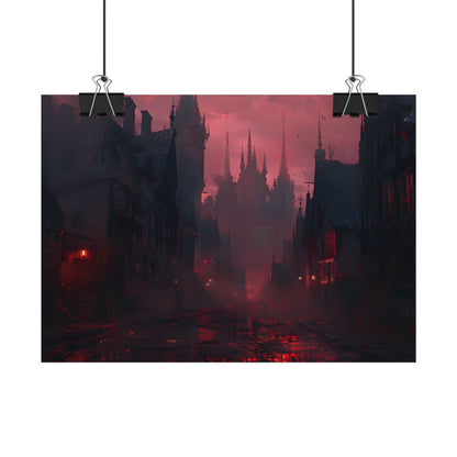 Dark Gothic Cityscape: A Serene Misty Dusk Scene - Poster