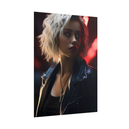 Cyberpunk Blonde: Closeup Portrait in Neon Hues - Poster