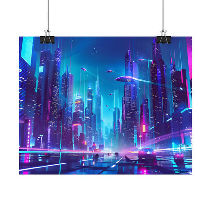 Futuristic Neon City: Towering Skyscrapers in a Vibrant Nighttime Sky - Poster