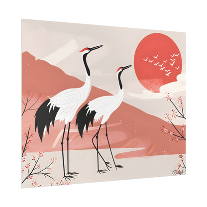 Serene Landscape with Cranes: Peaceful Nature Art - Poster