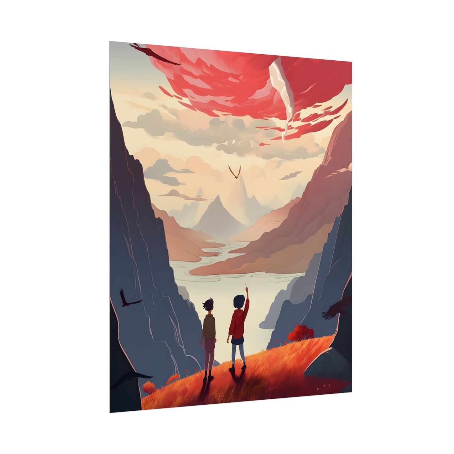 Serene Meadow Scene: Girl & Boy Under Cloudy Sky - Poster