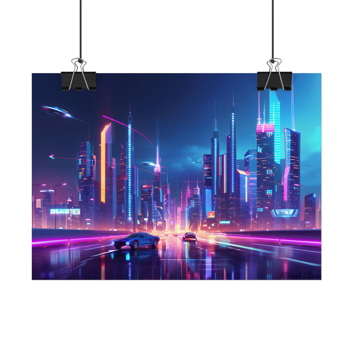 Futuristic City Glow: Neon Lights Digital Art - Poster