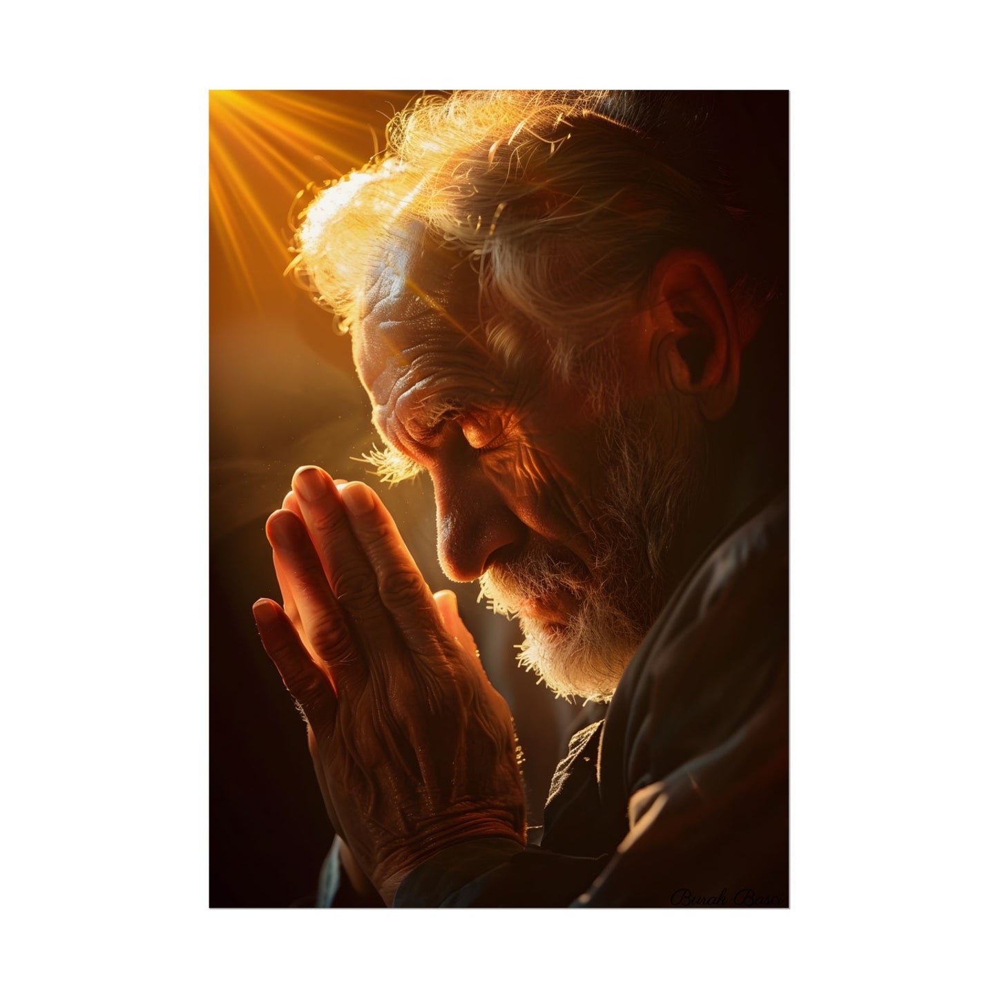Serenity in Prayer: Elderly Man's Quiet Moment - Poster