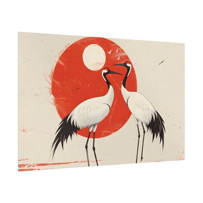 Serene Wildlife Sanctuary: Cranes in Red Nature Scene Art - Poster