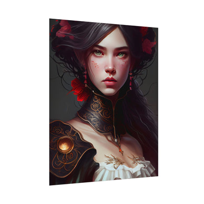 Elegant Black Hair Portrait in White Dress - Poster
