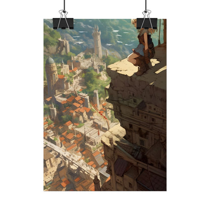 Dramatic Anime Bird's Eye View: Blonde Female in Action with Flying Birds - Poster