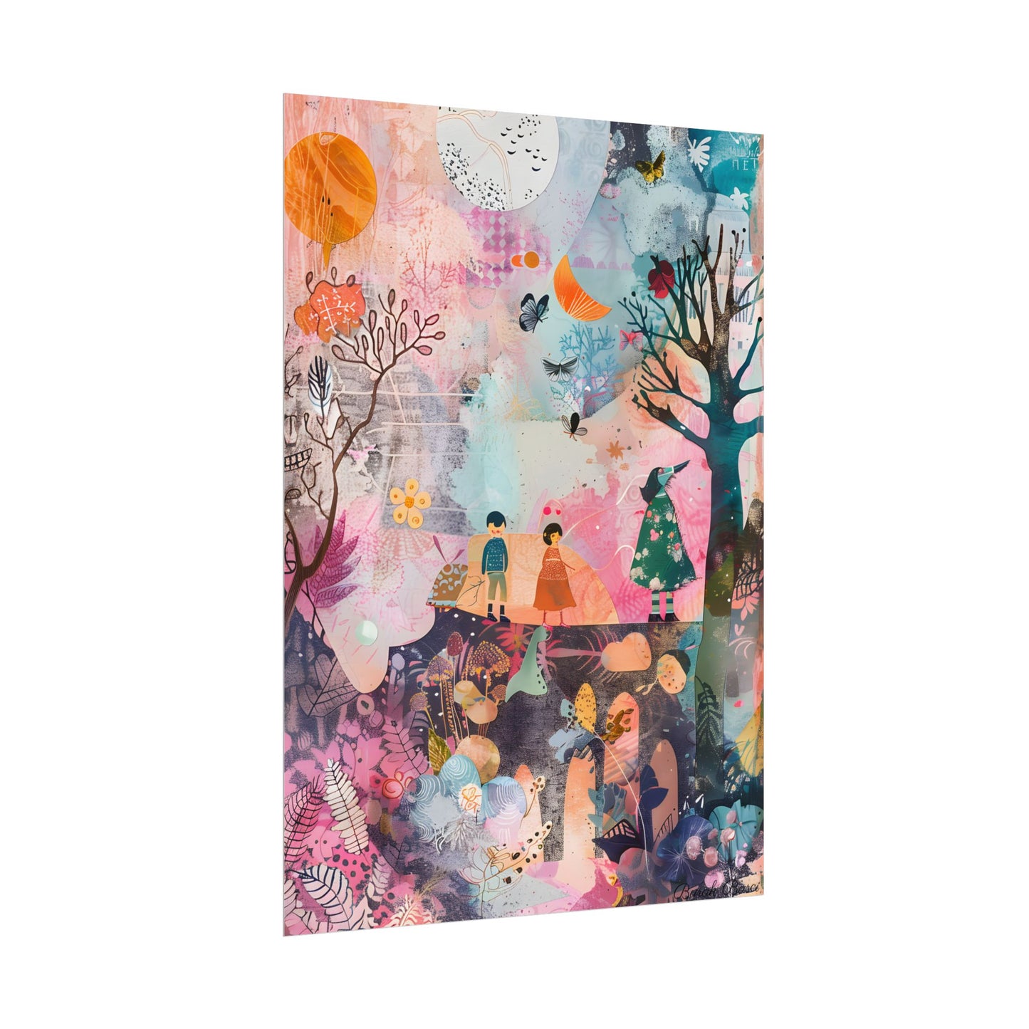 Colorful Whimsy: Blue Fish, Yellow Bird, Pink Cat Art Collage - Poster