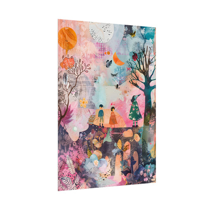Colorful Whimsy: Blue Fish, Yellow Bird, Pink Cat Art Collage - Poster
