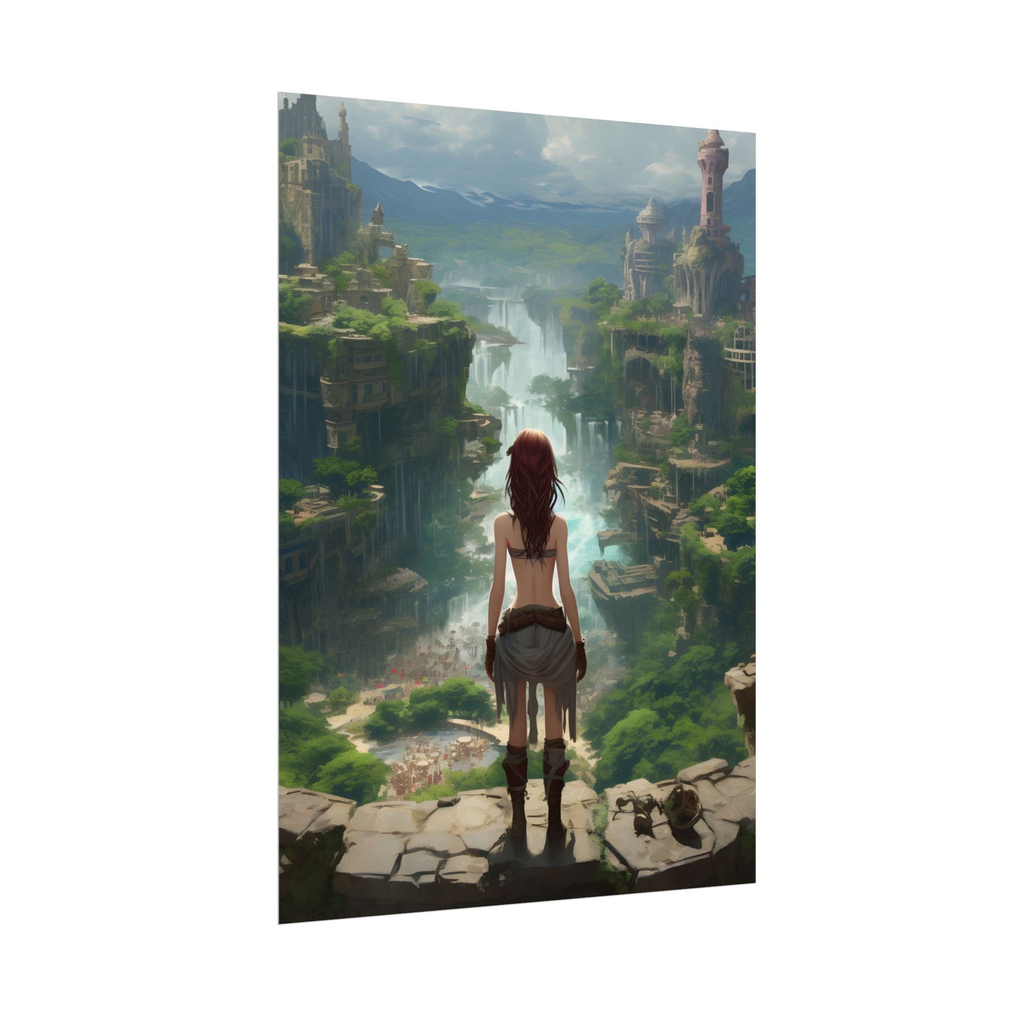 Dramatic Birds Eye View: Red Haired Anime Girl in Urban Landscape - Poster
