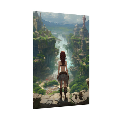 Dramatic Birds Eye View: Red Haired Anime Girl in Urban Landscape - Poster
