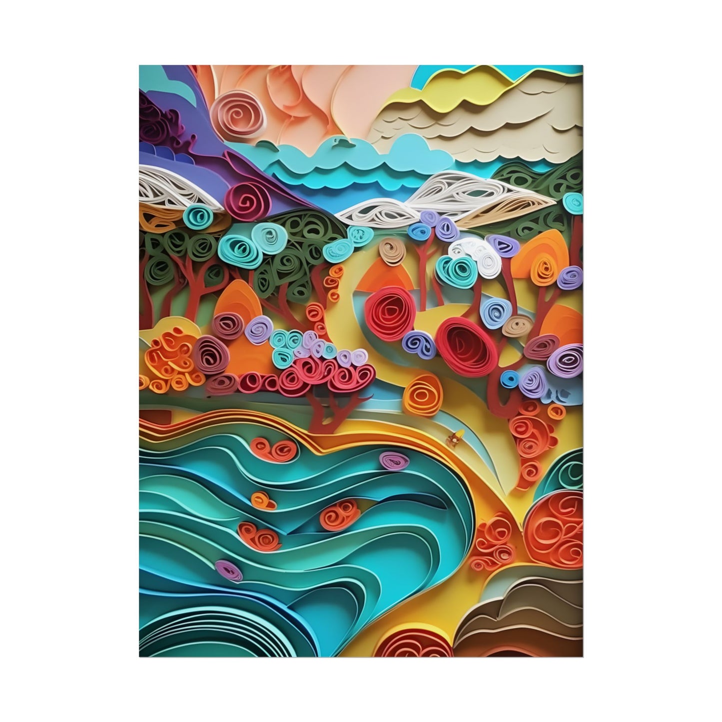 Paper Quilled Beach Bliss: Artistic Coastal Landscape - Poster