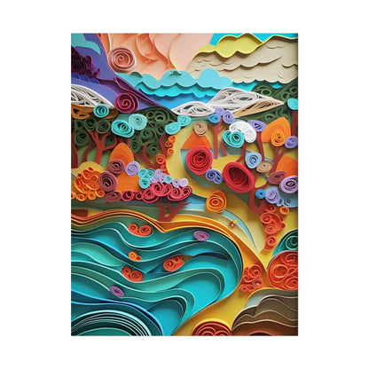 Paper Quilled Beach Bliss: Artistic Coastal Landscape - Poster