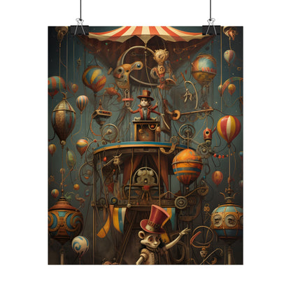 Whimsical Clockwork Circus: Fantastical Wooden Horse in Steampunk Dreamscape - Poster