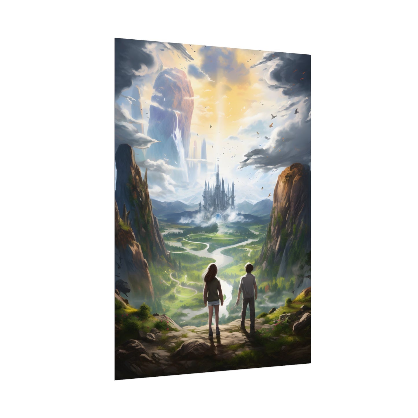 Girl and Boy in Serene Meadow: A Moment on Cloudy Hill - Poster