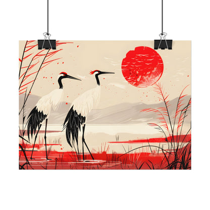Peaceful Cranes in Serene Nature: Landscape Artwork - Poster