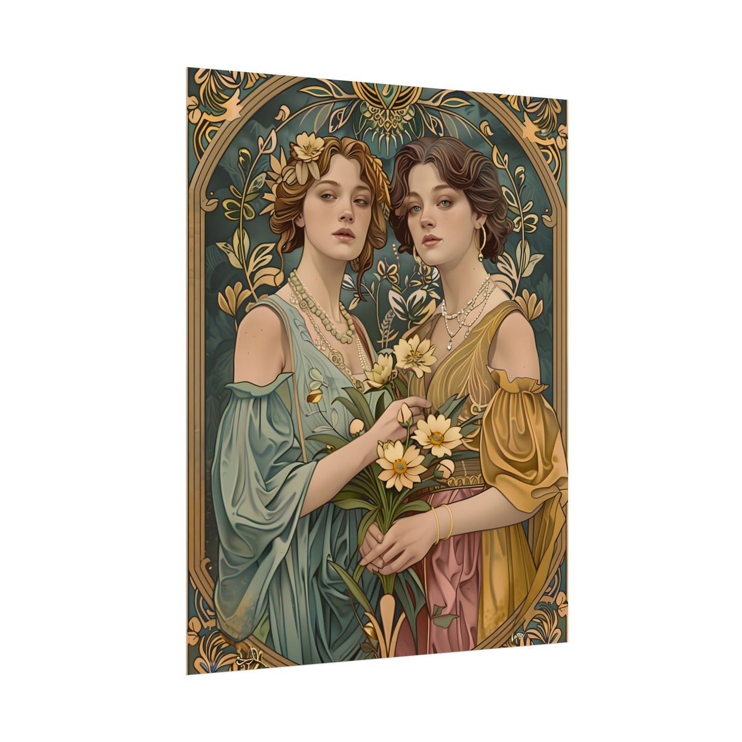 Two Women in Ornate Attire Holding Primr: Traditional Turkish Artwork - Poster