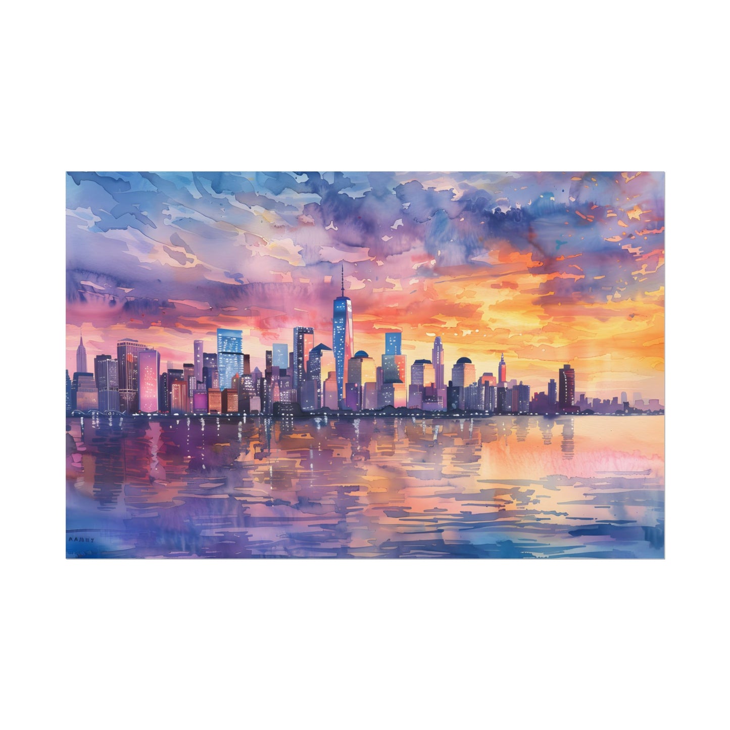 Serene NYC Sunset: Watercolor Skyline Reflections - Poster