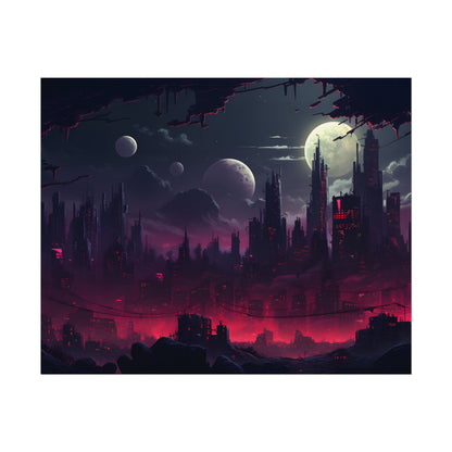 Burning Cyberpunk Cityscape at Night: Digital Art - Poster