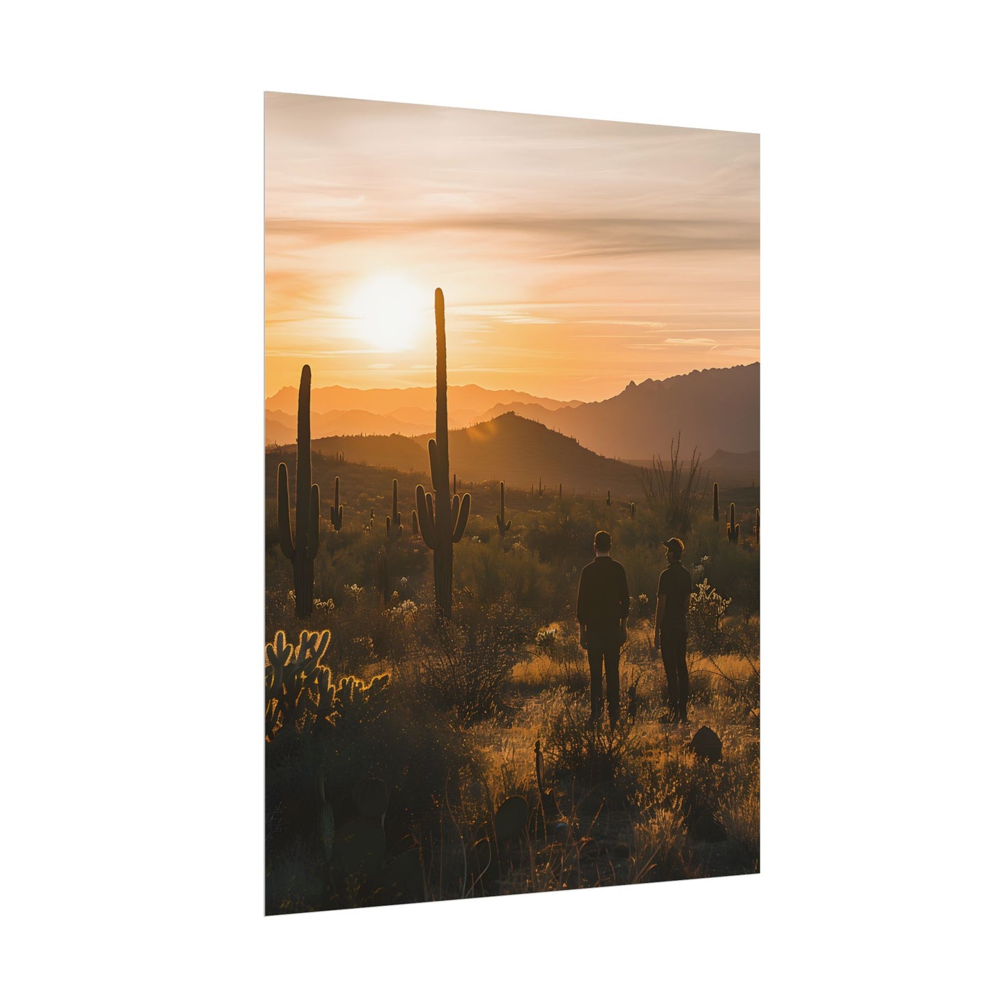 Desert Sunset Serenity: Two Friends Standing Together - Poster