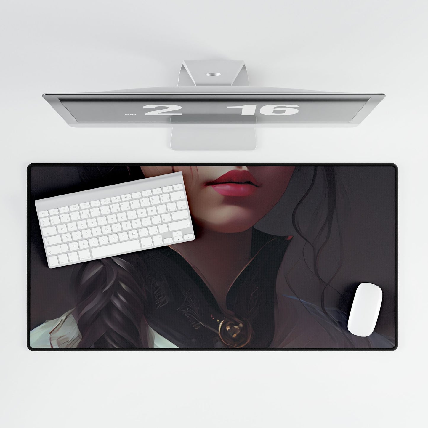 Realistic Female Portrait in Black Hair and Dress - Desk Mat