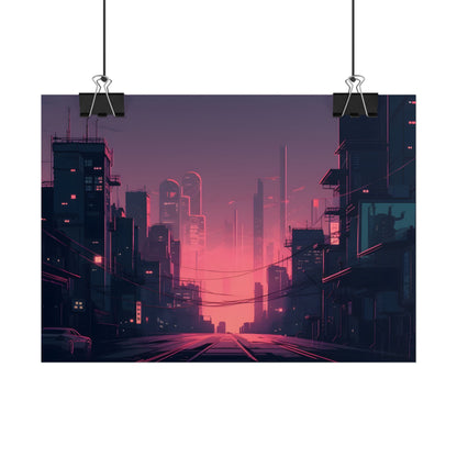Cyberpunk Nighttime Cityscape: Melancholic Mood - Poster