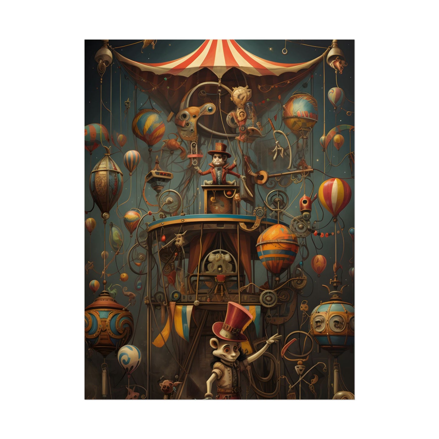 Whimsical Clockwork Circus: Fantastical Wooden Horse in Steampunk Dreamscape - Poster