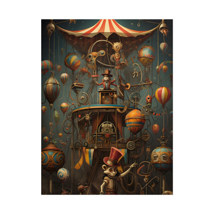 Whimsical Clockwork Circus: Fantastical Wooden Horse in Steampunk Dreamscape - Poster
