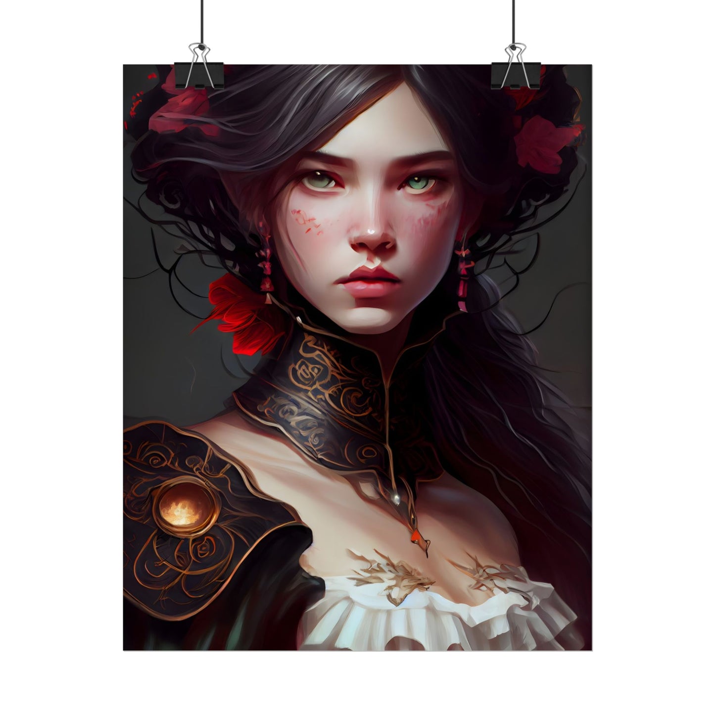 Elegant Black Hair Portrait in White Dress - Poster